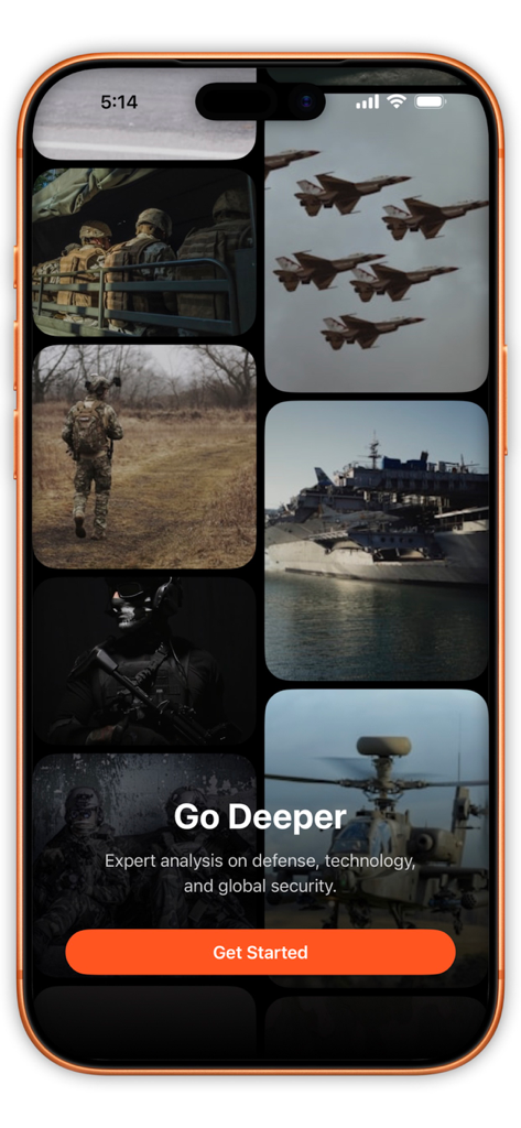 Sandboxx News - Sandboxx News app onboarding interface showing military defense analysis and Get Started button