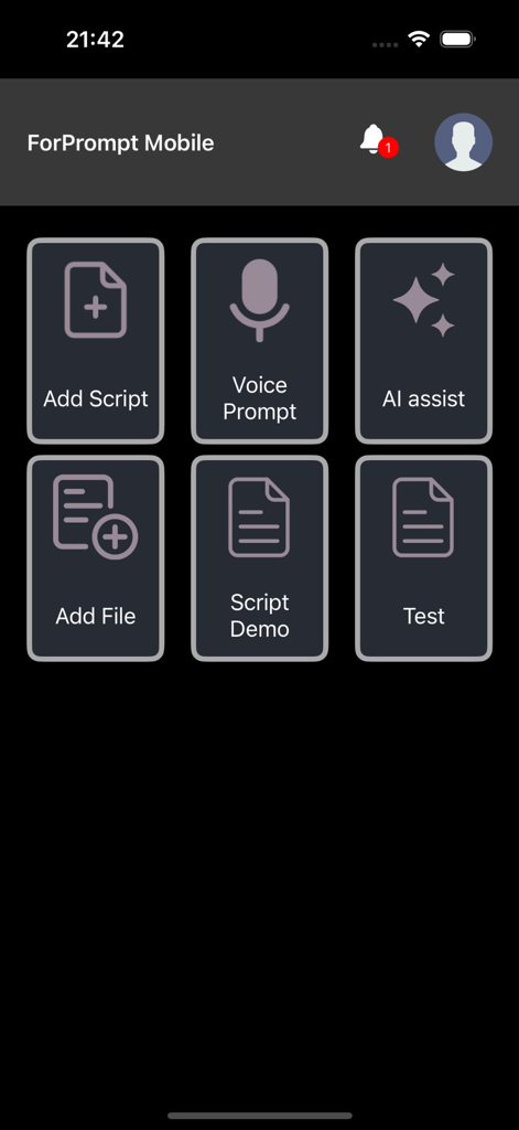 ForPrompt Mobile - Main menu of the ForPrompt Mobile teleprompter app displaying script and AI tools.