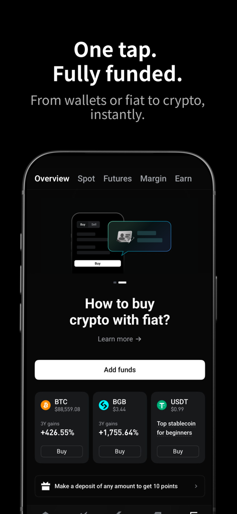 Mobile app interface of Bitget showing the option to buy crypto with fiat and add funds to a digital wallet