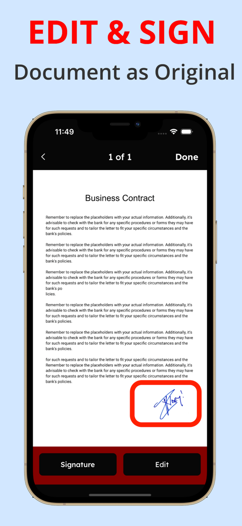 App interface for editing and signing a business contract PDF on a smartphone