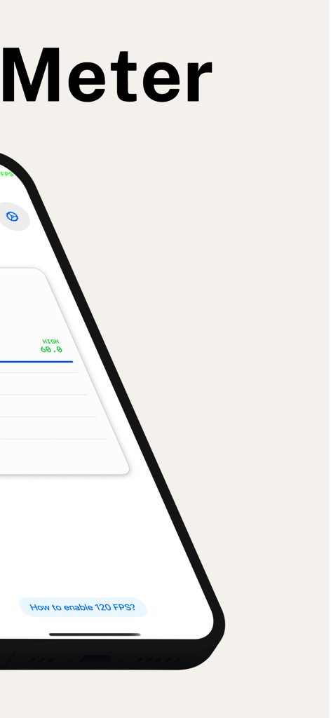 120 FPS Meter - Interface of the 120 FPS Meter app on an iPhone showing real-time frame rate monitoring for gaming performance