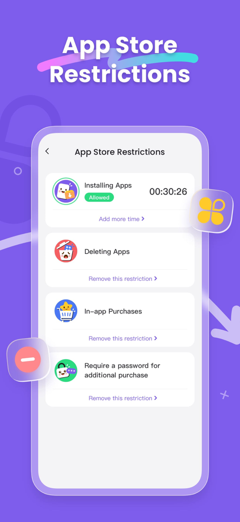 FlashGet Kidsafe parental control screen showing settings for App Store restrictions including app installs and in-app purchases