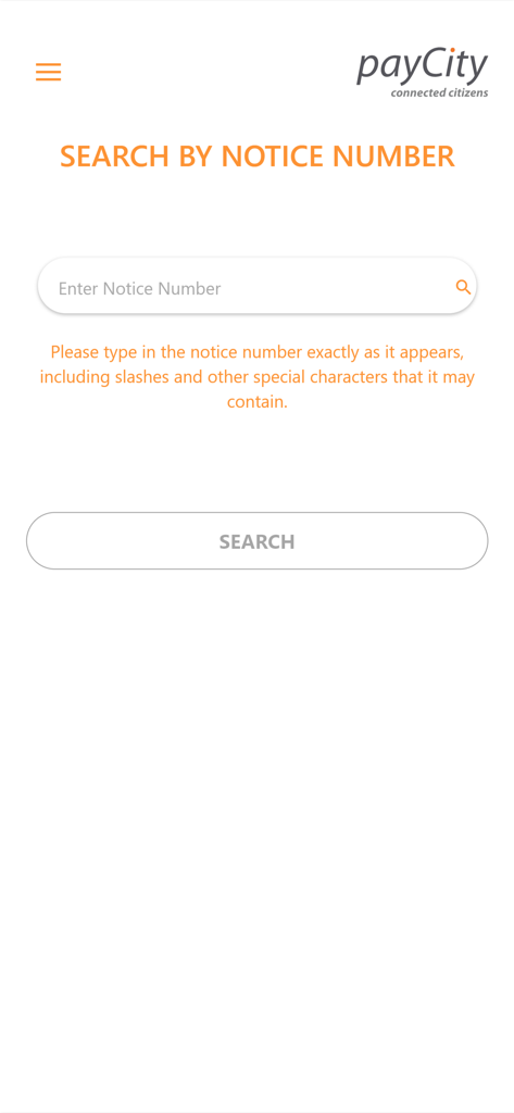 payCity - payCity App-Oberfläche zur Suche nach Verkehrsdelikten und kommunalen Mitteilungen anhand der Mitteilungsnummer
