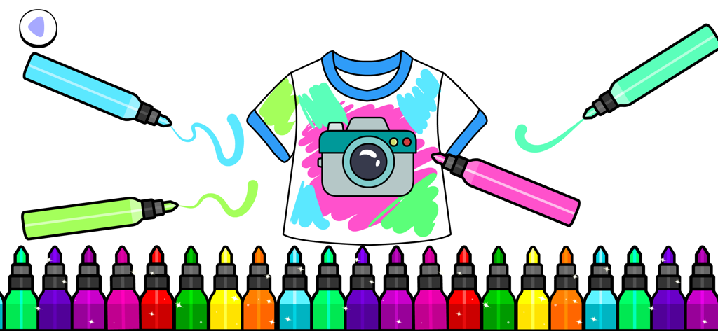 Coloring for Kids & Toddlers + - Una pagina da colorare digitale interattiva per bambini con una maglietta bianca e un'illustrazione di una fotocamera e una fila di pennarelli colorati.