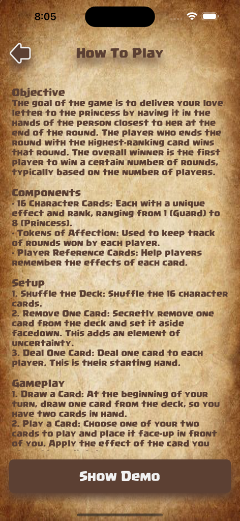Love Messenger - Screen from the Love Messenger app showing the game objective, components, setup, and gameplay instructions on a parchment background.