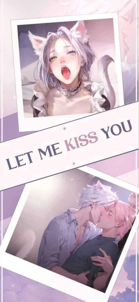 Episode My First Kiss BL Story - Una escena estilo anime con dos hombres besándose y un personaje con orejas de gato de una historia interactiva BL.
