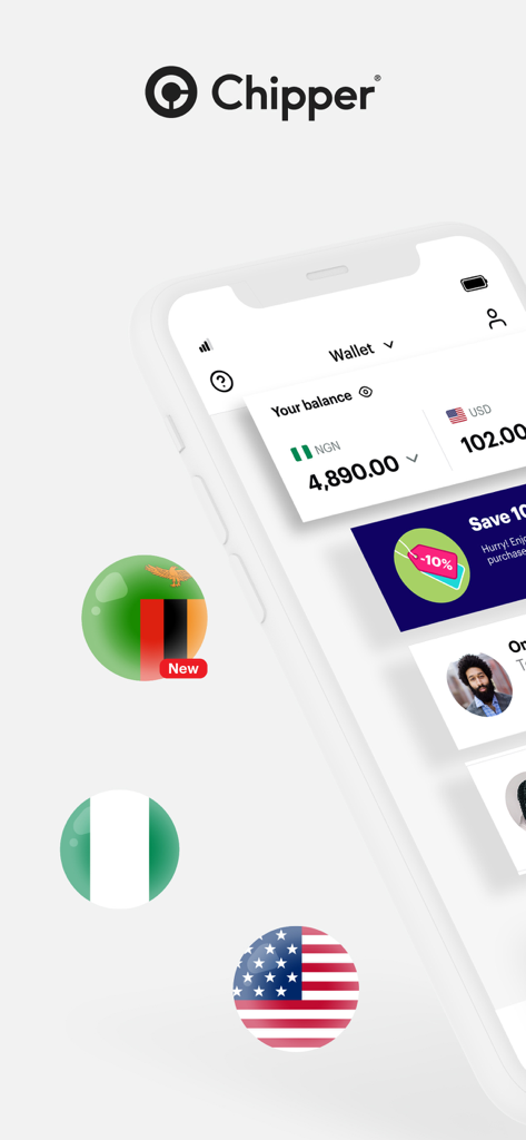 Chipper Cash - Interfaccia dell'app Chipper Cash che mostra i saldi del portafoglio in dollari USA e Naira nigeriana con le bandiere dei paesi