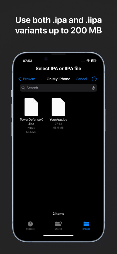 Interface de l'Installeur IPA pour parcourir et sélectionner des fichiers ipa et iipa à installer
