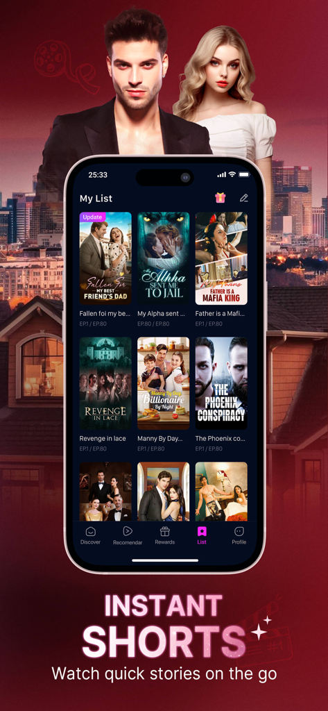 AnyReel - Good Short & Drama - AnyReel mobile app interface showing a curated list of short drama series on a smartphone screen.