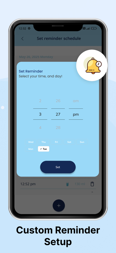 Drink Water Reminder & intake - Pantalla de configuración de recordatorio de hidratación personalizable con opciones de hora y día.