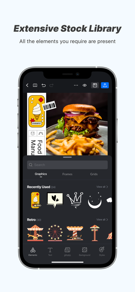 Flow Studio mobile app interface displaying a stock library of graphics and stickers for photo editing.