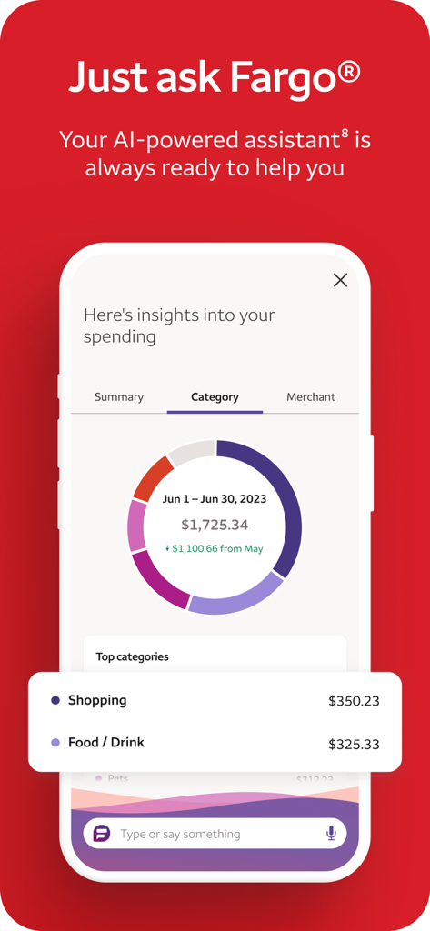 Wells Fargo Mobile app interface showing the Fargo AI assistant providing spending insights with a colorful category chart.