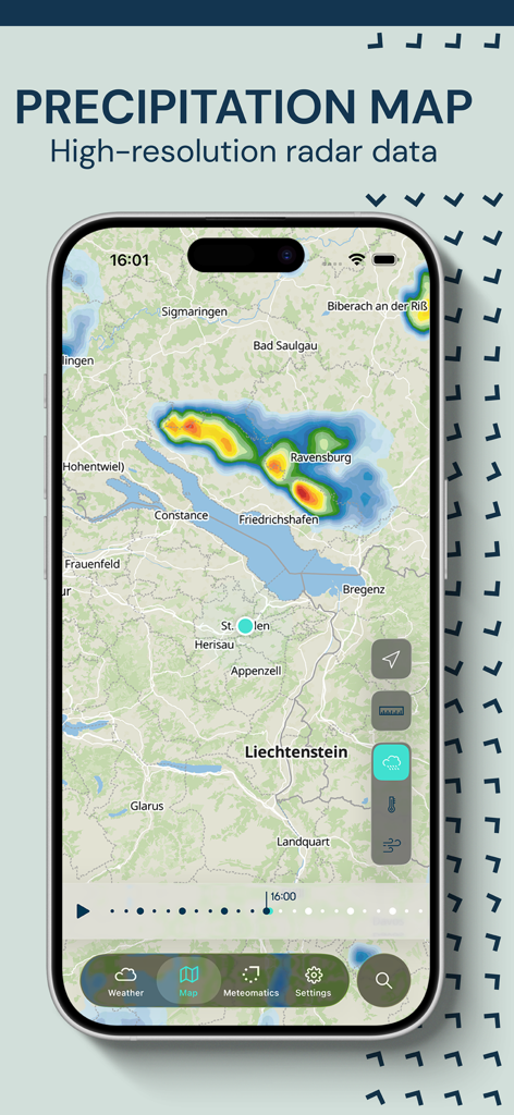Meteomatics Weather App - Mappa radar delle precipitazioni ad alta risoluzione sull'App Meteo Meteomatics
