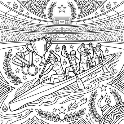 Experience the thrill of a major sports event with this action-packed canoe race coloring page. Capture the intensity of the competition as paddlers strive for victory amidst a cheering crowd and celebratory awards.