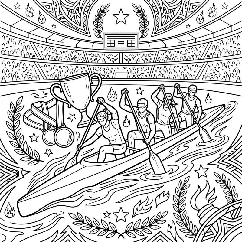 Experience the thrill of a major sports event with this action-packed canoe race coloring page. Capture the intensity of the competition as paddlers strive for victory amidst a cheering crowd and celebratory awards.