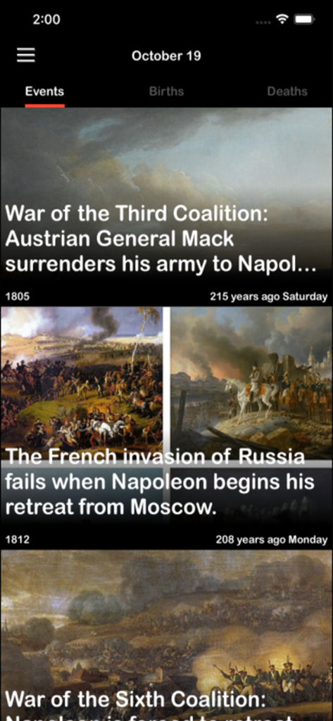 Elenco di eventi storici nell'app History per il 19 ottobre con la storia militare di Napoleone Bonaparte