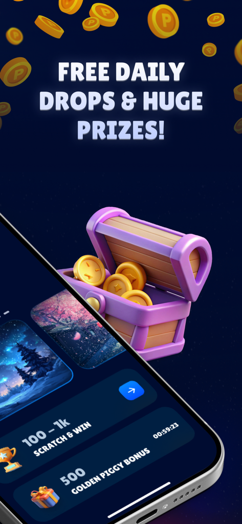 Plinko Real Casino Game - Promotional screen for Plinko Real Casino Game featuring a treasure chest and daily bonus offers.