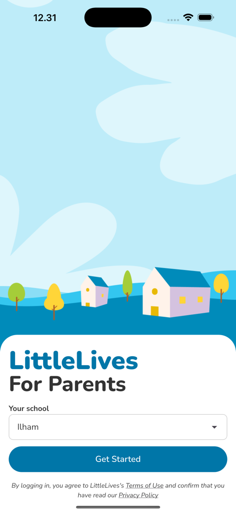 LittleLives for Parents - LittleLives for Parents app login screen showing school selection and get started button
