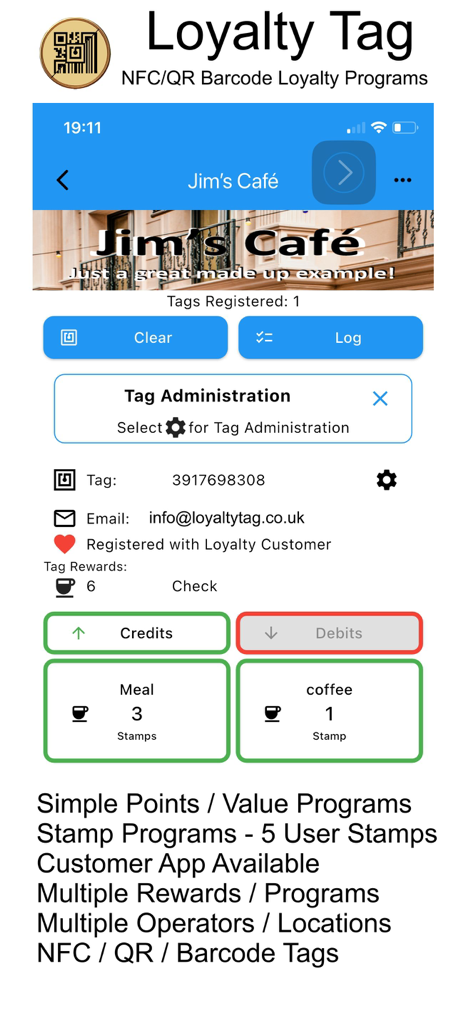Loyalty Tag - Loyalty Tag app interface displaying a digital loyalty card dashboard for a small cafe featuring stamp rewards