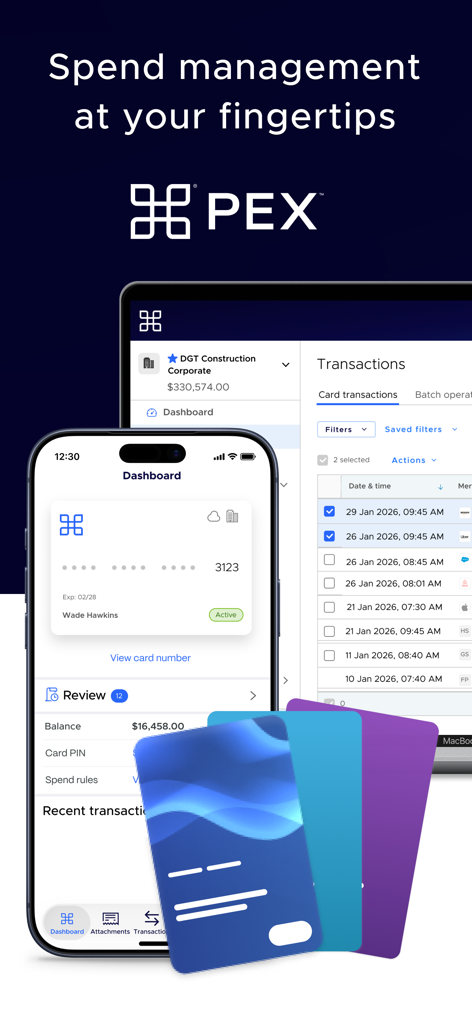 Interface do aplicativo de gerenciamento de gastos PEX exibindo um painel móvel e gerenciamento de transações em desktop