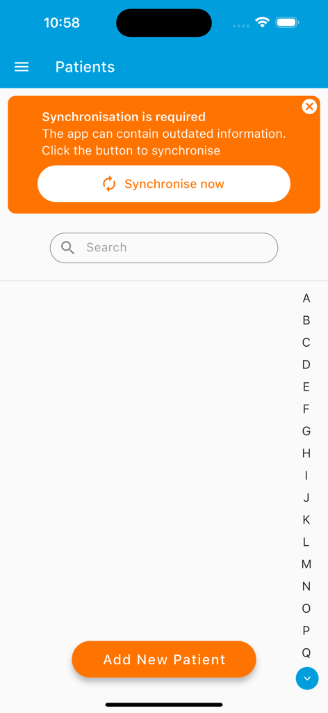 PocketPatientMD - PocketPatientMD mobile interface showing the patients list screen with a synchronization alert and an add new patient button