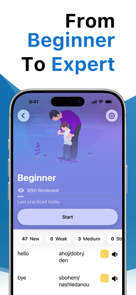 Interfaccia dell'app mobile Impara il Ceco con LENGO che mostra vocabolario per principianti e monitoraggio dei progressi