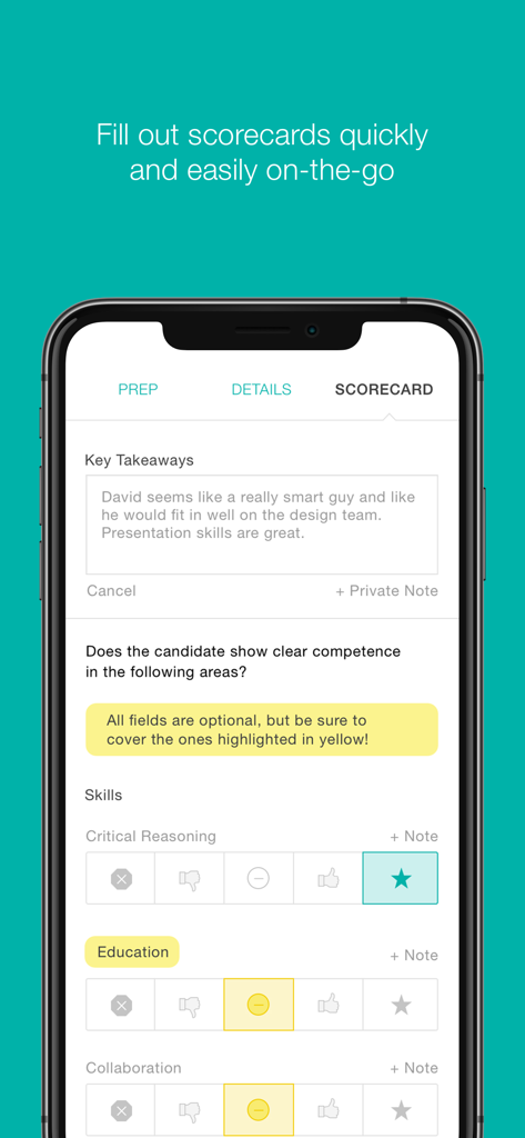 Greenhouse Recruiting - Mobile interface of Greenhouse Recruiting app showing an interview scorecard with candidate feedback and skill ratings