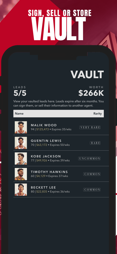 Basketball Agent Manager Star - Mobile app screen showing a vault of basketball player leads with their names and rarity levels.