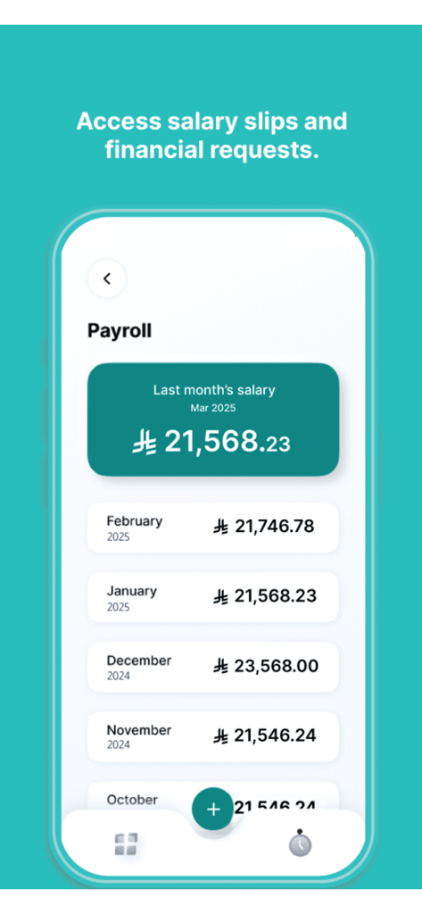 ZenHR - ZenHR mobile app interface showing employee payroll history and monthly salary slips