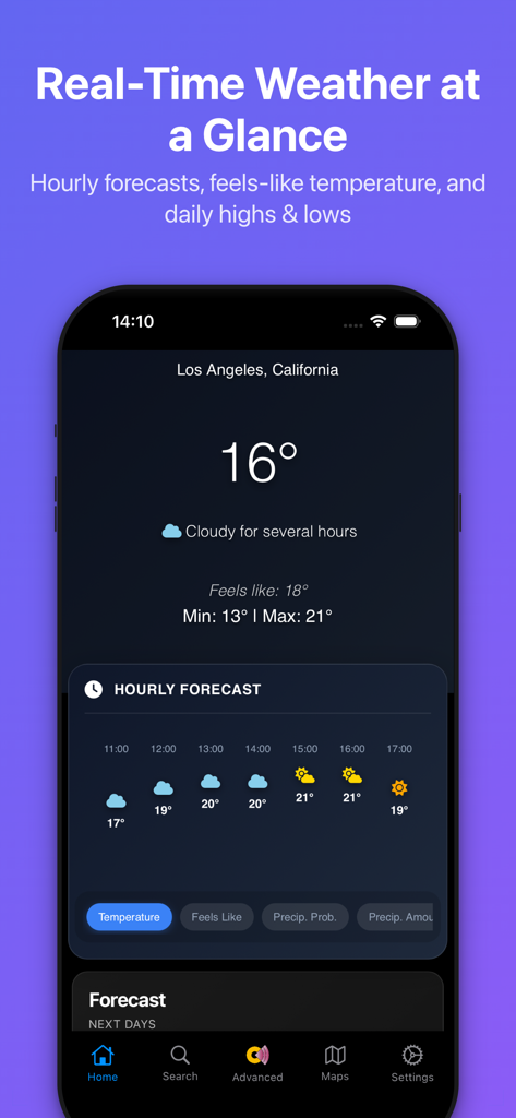 Contingencias - Pantalla de la aplicación Contingencias que muestra un panel meteorológico en tiempo real con la temperatura y pronósticos por hora para Los Ángeles