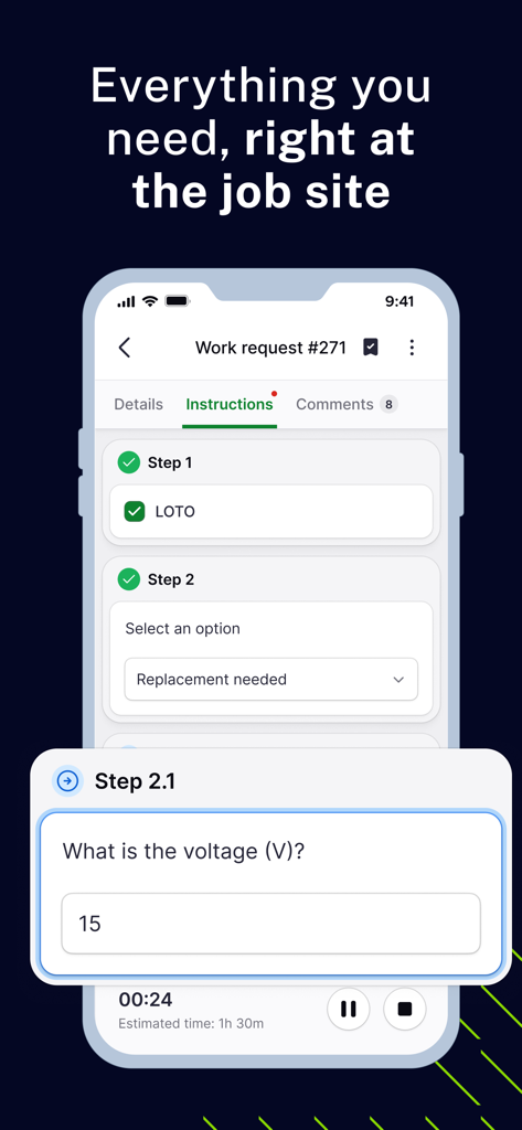 Limble - Interfaz de la aplicación móvil de Limble mostrando una solicitud de trabajo de mantenimiento con instrucciones digitales y pasos de la lista de verificación