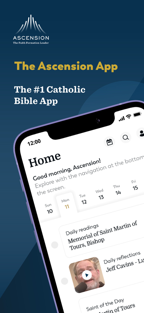 Home screen of the Ascension Catholic Bible app featuring daily readings and reflections