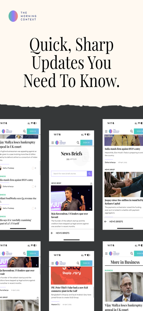 A collection of mobile app screenshots for The Morning Context news app showcasing business and tech headlines with a minimalist user interface