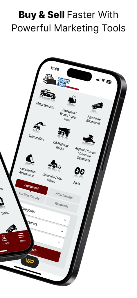 MachineryTrader: Buy Equipment - MachineryTrader mobile app interface displaying various construction equipment categories for buy and sell.