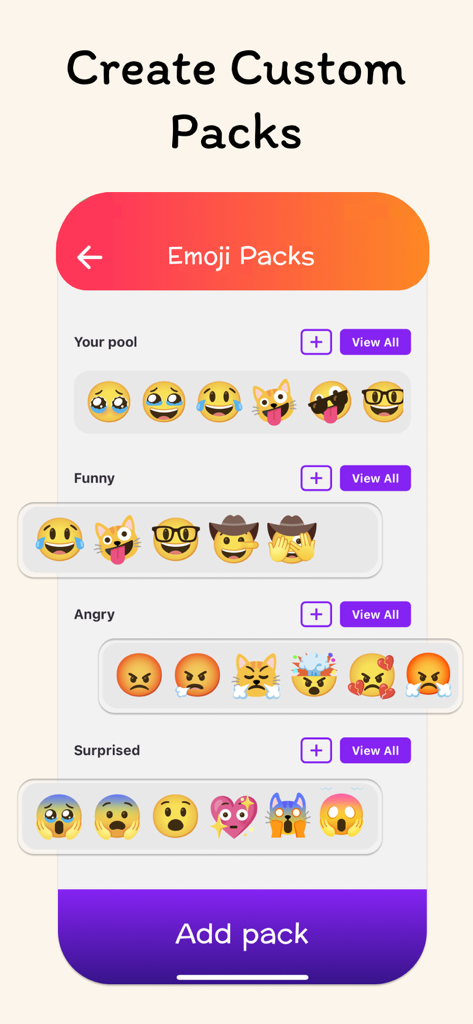 Emoji Mix - Maker & Facemoji - Una pantalla de aplicación móvil que muestra paquetes de emojis personalizados categorizados por emociones como divertidos y enojados.