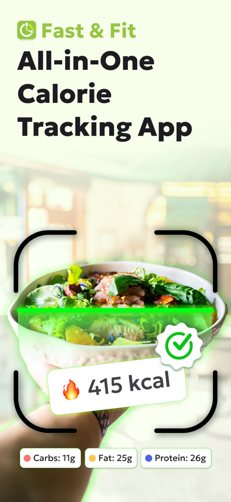 Interfaz de la app Fast and Fit escaneando una comida para mostrar datos de calorías y macros