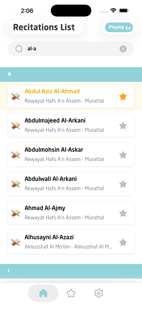 A mobile interface for the Telawat app showing a list of various Quran reciters with a search bar and favorite icons.