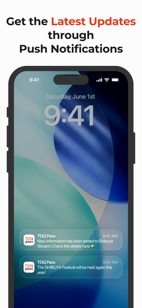 Shibuya TOQ Pass - Shibuya TOQ Pass push notifications on an iPhone lock screen showing local event and facility updates.