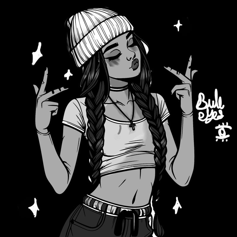 realistic teenage girl with braids and a beanie and crop top doing 🫶🏼