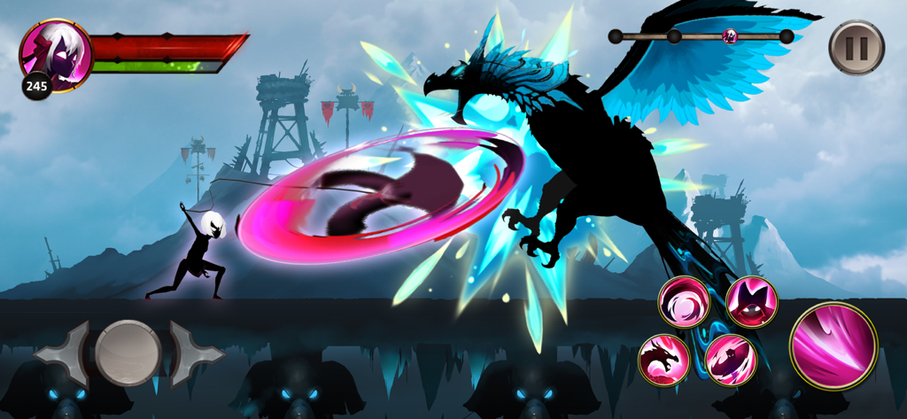 Um lutador de sombra stickman combatendo um monstro alado azul gigante com efeitos de habilidade vibrantes em um jogo de RPG de ação