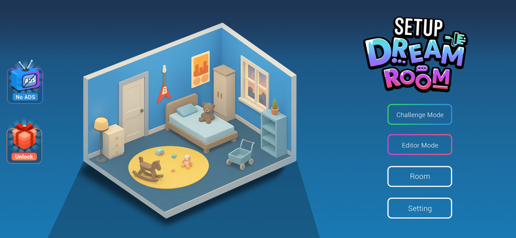 Setup Dream Room - Main menu of Setup Dream Room game showing an isometric bedroom design and navigation options.