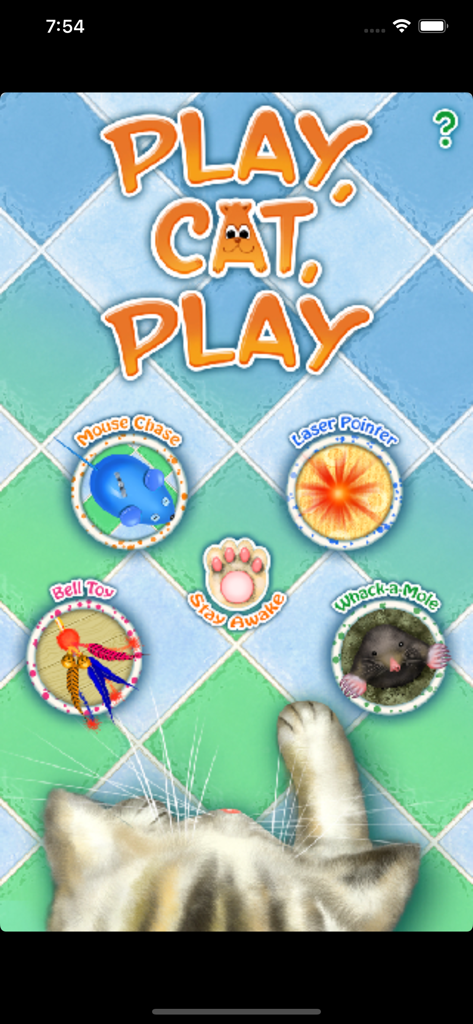 Play, Cat, Play - Main menu of the Play Cat Play app showing four game modes for cats