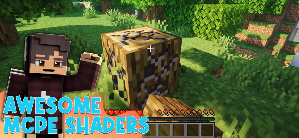 Minecraft PE gameplay showcasing realistic shader lighting and shadows in a forest environment