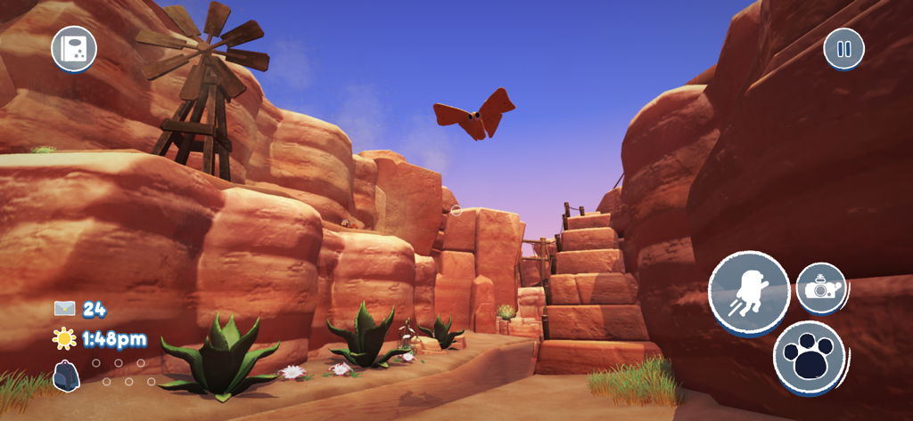 Bugsnax - Captura de pantalla del juego de Bugsnax que muestra un cañón desértico con una criatura snack voladora naranja y un molino de viento de madera.