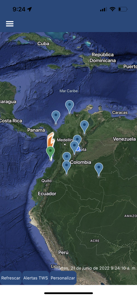 Keraunos Life Preserver - Map interface of the Keraunos Life Preserver app showing lightning activity pins and points of interest over a satellite view of Colombia.
