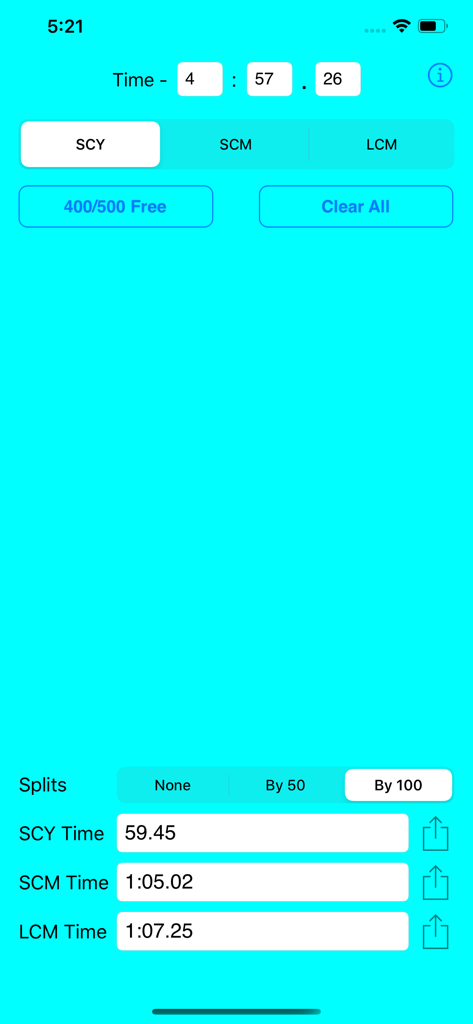 Swim Converter - Swim Converter app interface displaying swimming time conversions and splits for SCY SCM and LCM