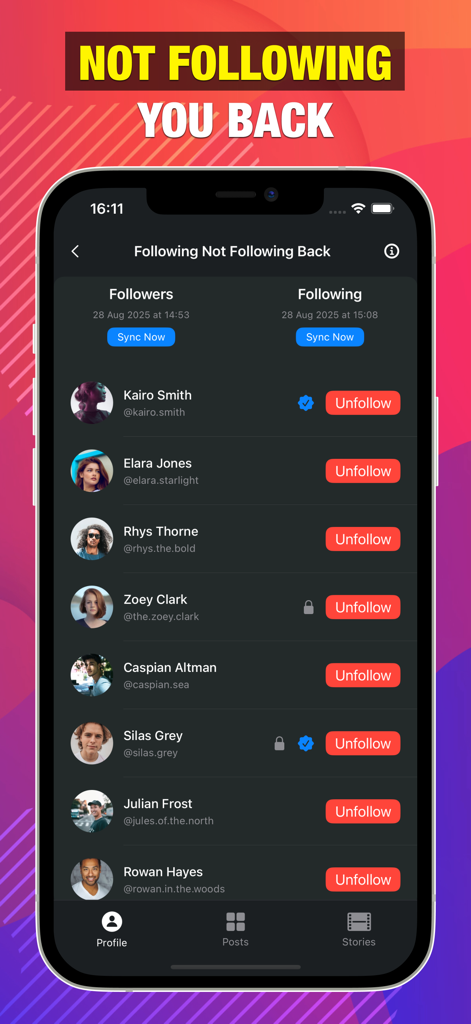 Social Scan app screen displaying a list of users who are not following back with unfollow buttons