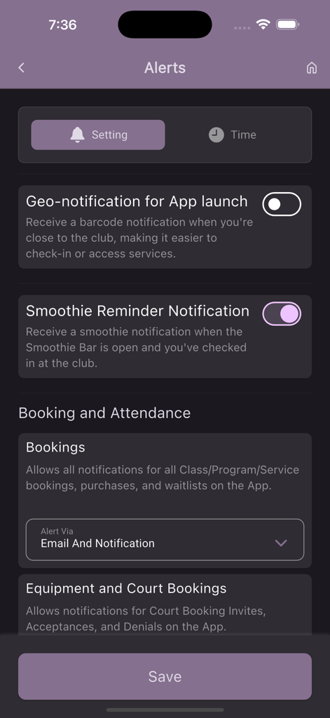 Notification settings screen in the VIDA Fitness app showing alert options for gym check-in and class bookings