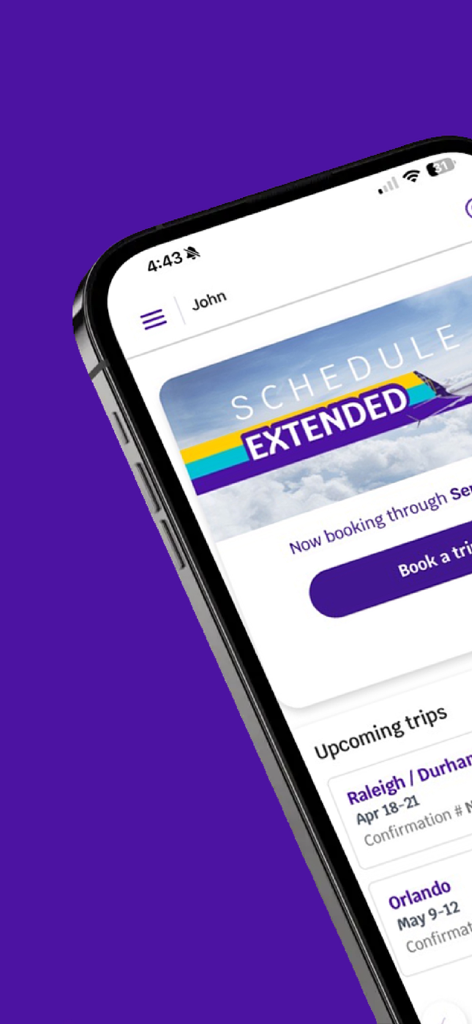 Avelo - Home screen of the Avelo Airlines app showing upcoming flight itineraries and a booking option