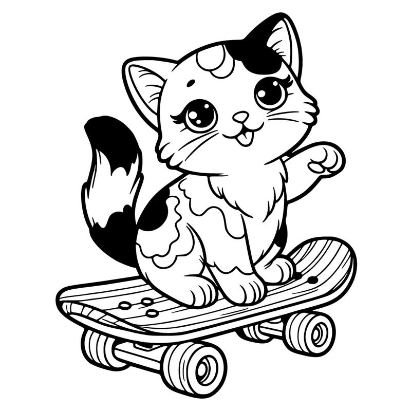 calico cat on a skateboard